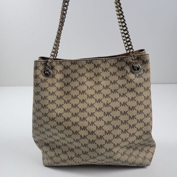 Michael Kors Jet Set Chain Large Signature Tote Khaki/Brown Coated Canvas Bag - Picture 1 of 15